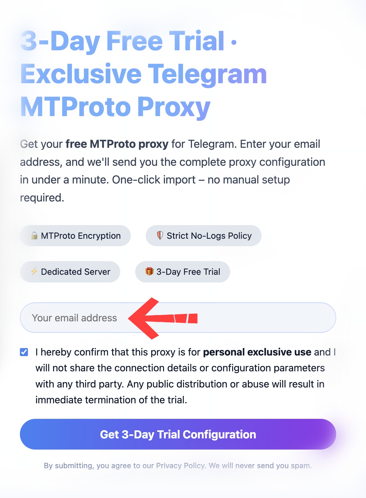 Email submission page for free proxy