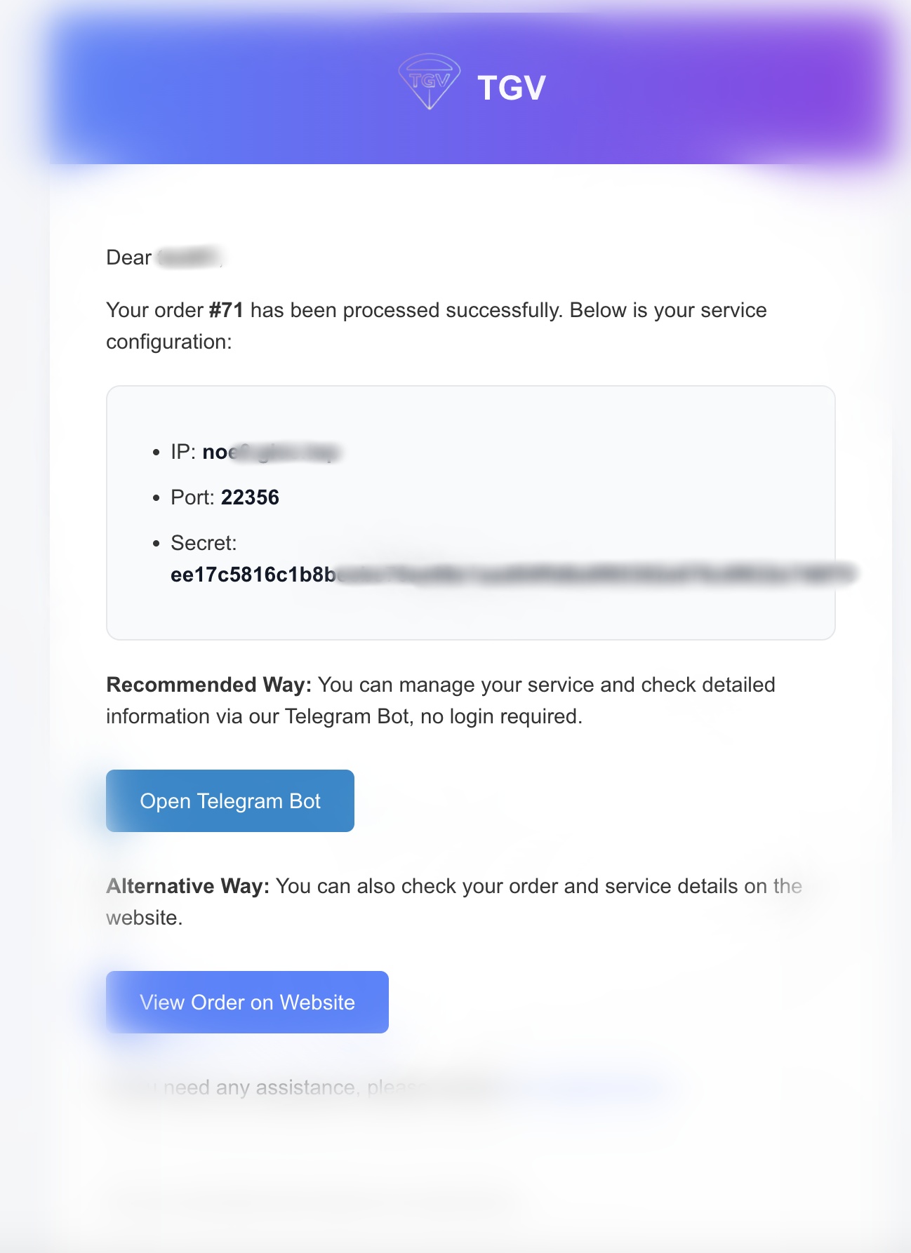 Proxy configuration email received