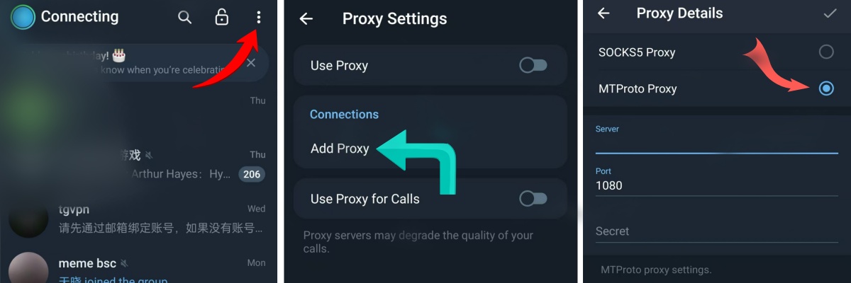 Manual MTProto proxy configuration in Telegram